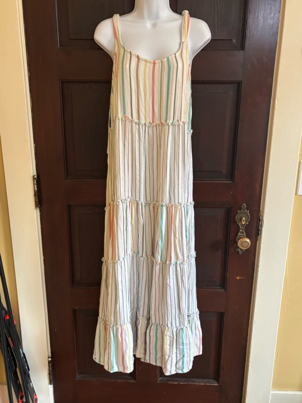 new directions White Striped Lightweight Tiered Maxi Dress with Pastel Stripes M